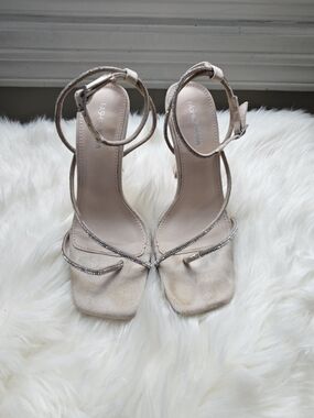 Fashion Nova Cream Rhinestone Strappy Heeled Sandals